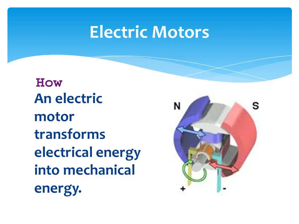 An electric motor transforms potential energy into mechanical energy